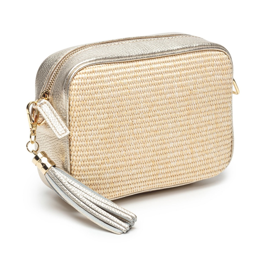 Gold & Natural Woven Crossbody Bag with Tassel